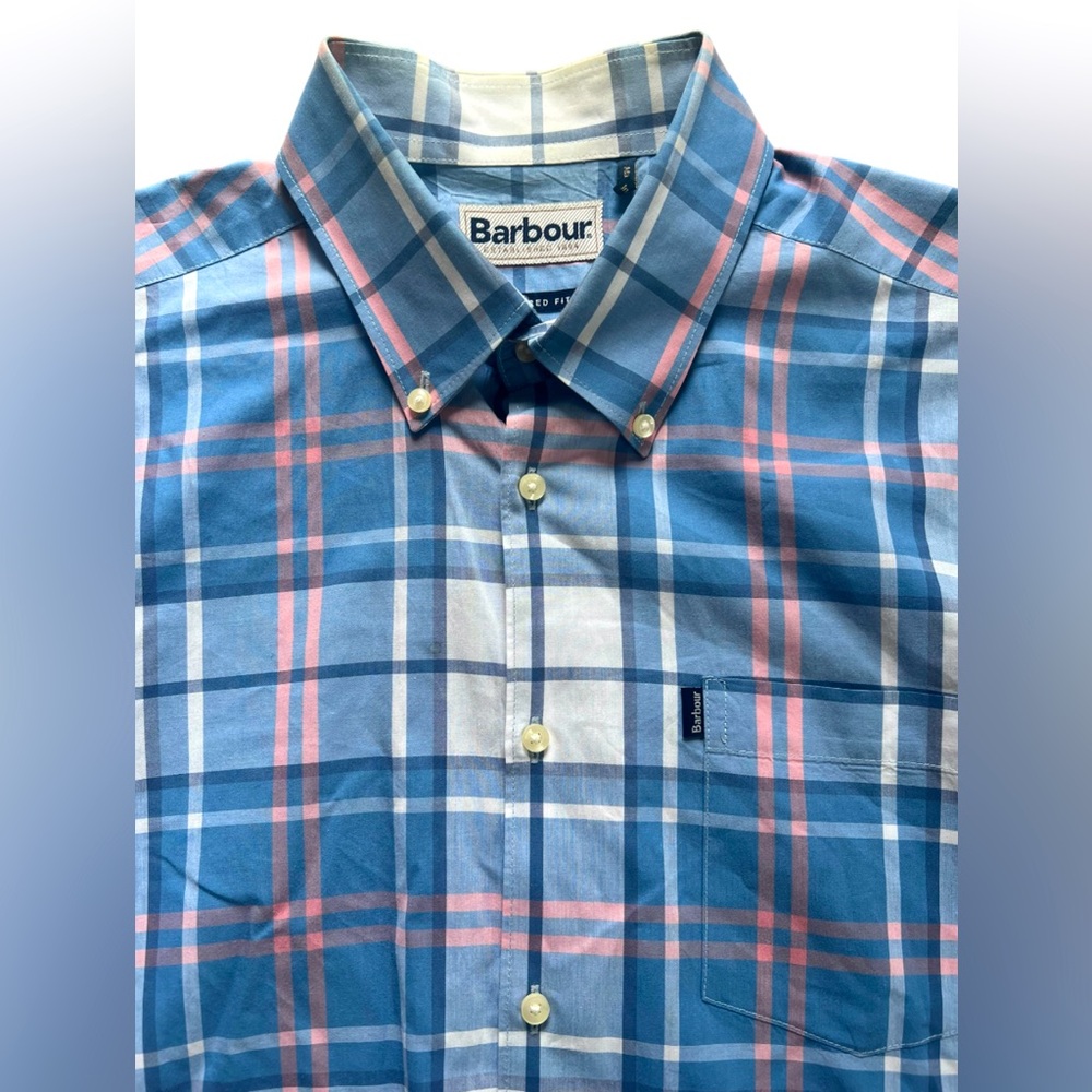 Barbour Men’s Blue White Pink Button- Down Dress Shirt US Size MEDIUM